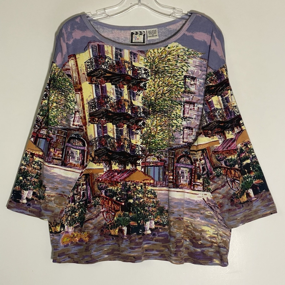 Take Two Top Womens 1X Multi Villagescape Italian Sequined Boho Artsy 3/4 Sleeve